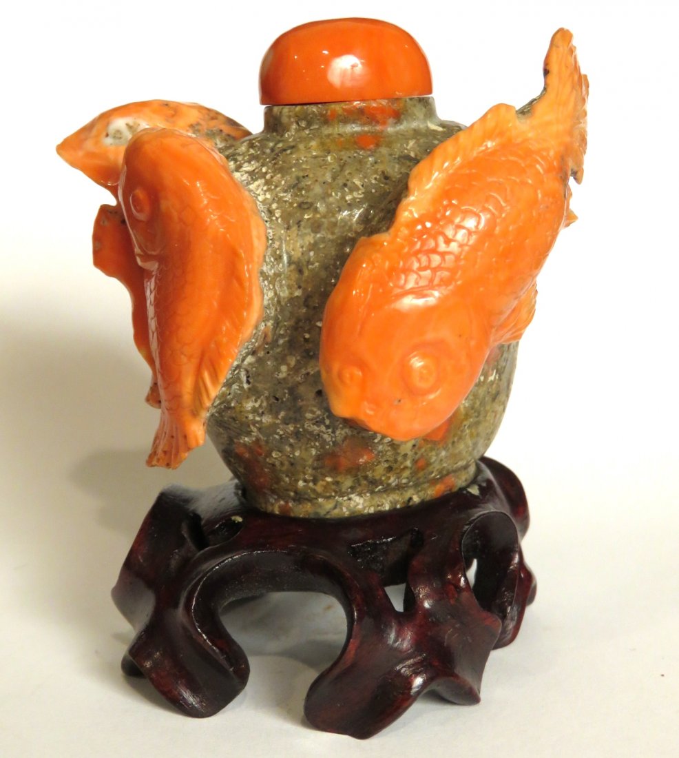 CHINESE CARVED CORAL SNUFF BOTTLE w/ GOLDFISH (1 of 6)