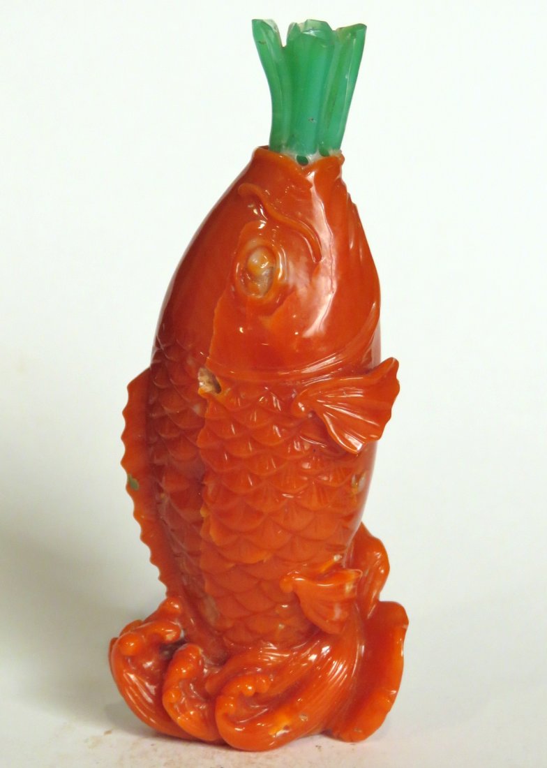 CHINESE CORAL SNUFF BOTTLE w/ CARVED GOLDFISH (1 of 7)