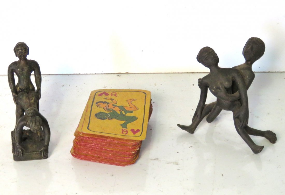 3 ASIAN EROTIC BRONZES & CARDS: 2 asian erotic bronzes, and 1 erotic deck of cards. 4"h.