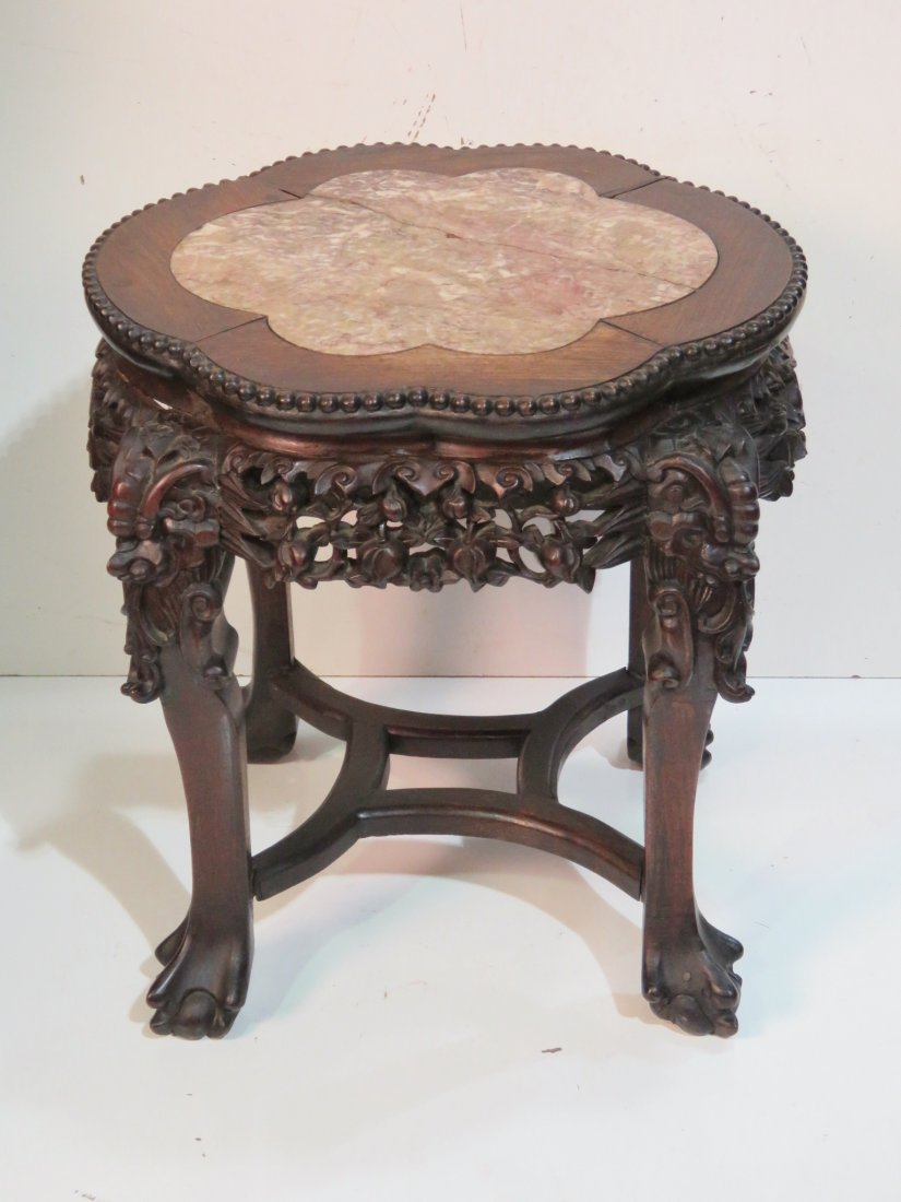 ANTIQUE CHINESE CARVED TEAK MARBLETOP STAND (1 of 6)