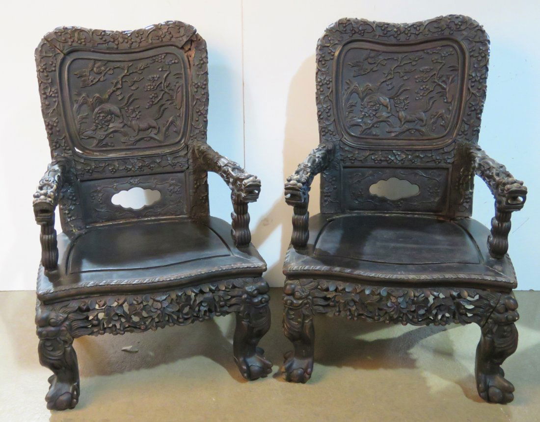 Pair ASIAN ANTIQUE CHINESE CARVED ARMCHAIRS (1 of 10)