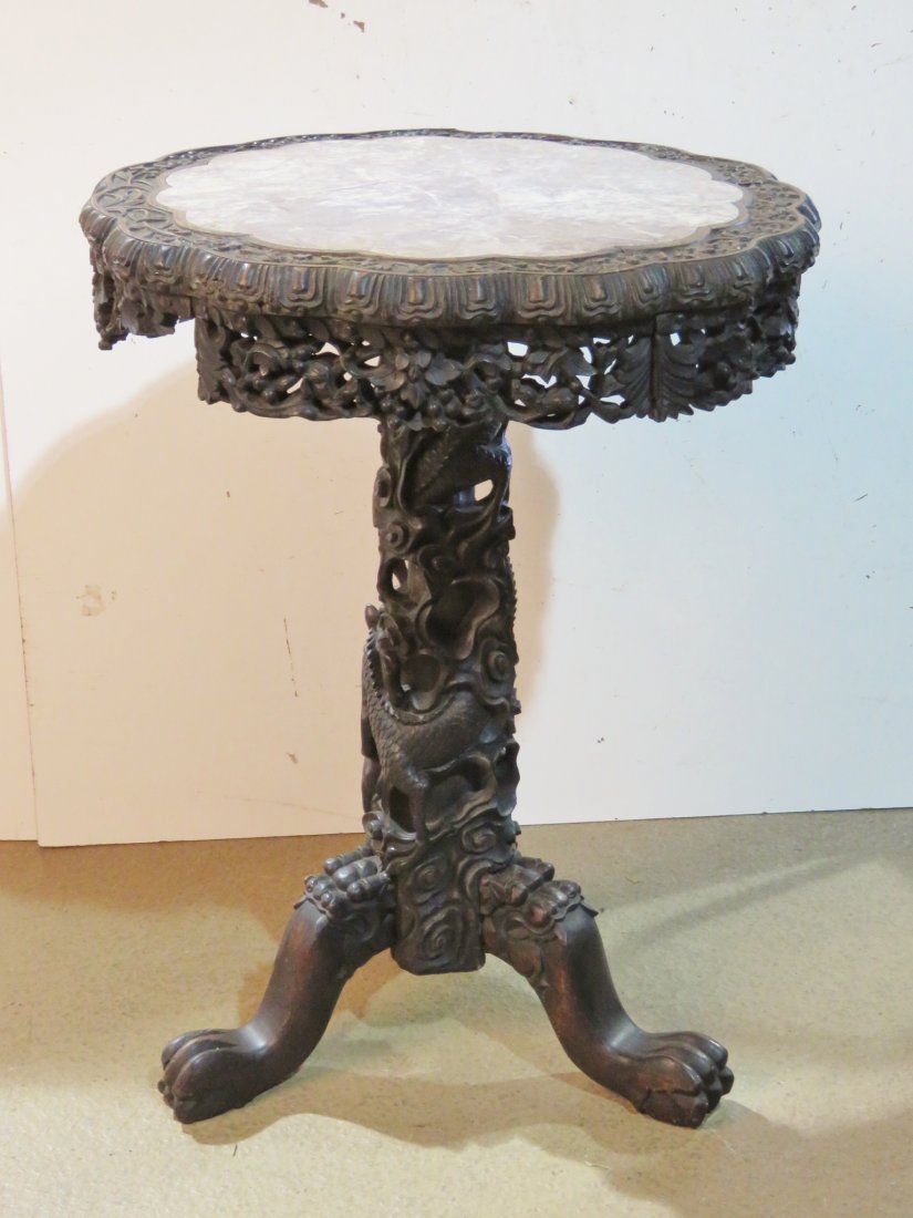 ANTIQUE CHINESE CARVED TEAK MARBLETOP TABLE (1 of 5)