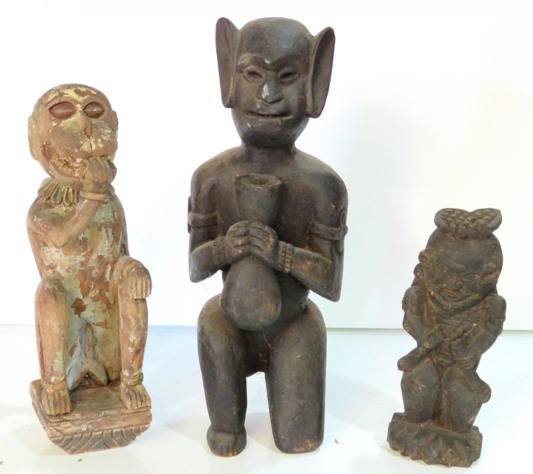 3 ASIAN ARCHAIC STYLE WOOD CARVED FIGURES (1 of 5)