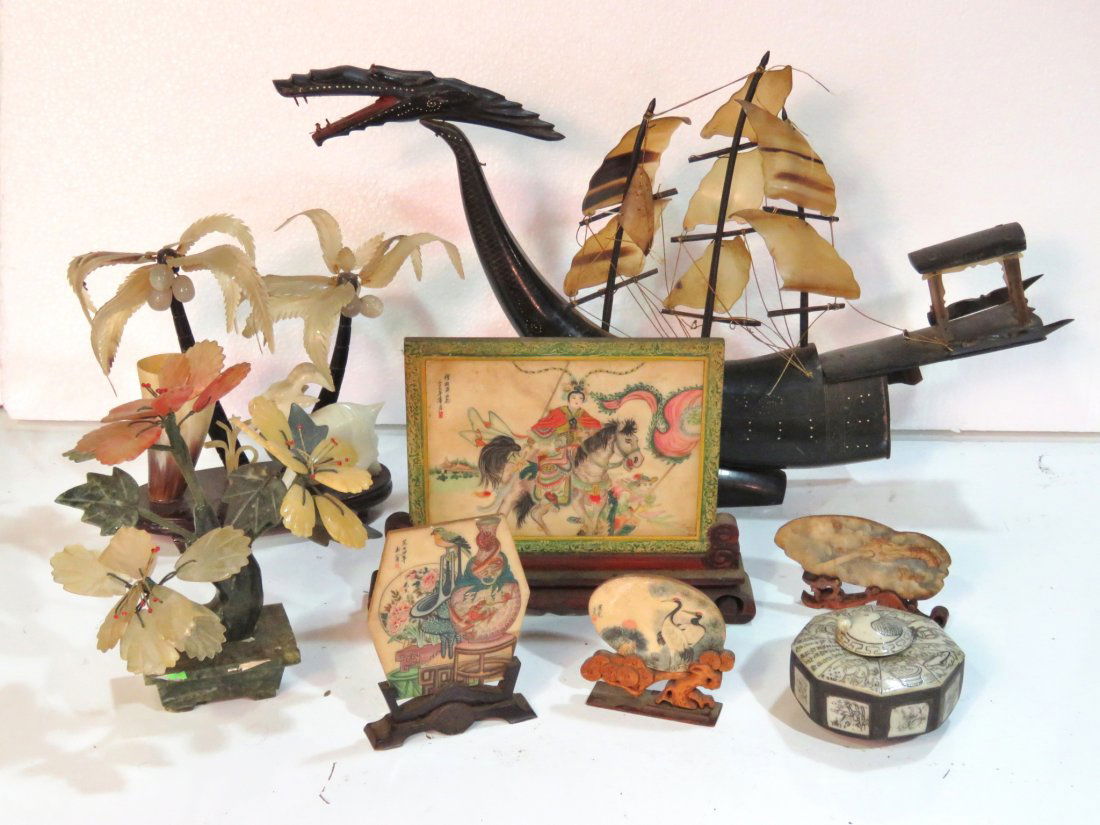 8 ASIAN DECORATIVE OBJECTS: Horn, stone and resin. Dragon boat 25 1/2"long.