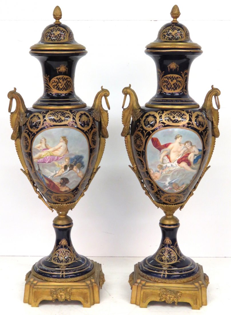 Pair 49" BRONZE MOUNTED SEVRES PORCELAIN VASES (1 of 10)