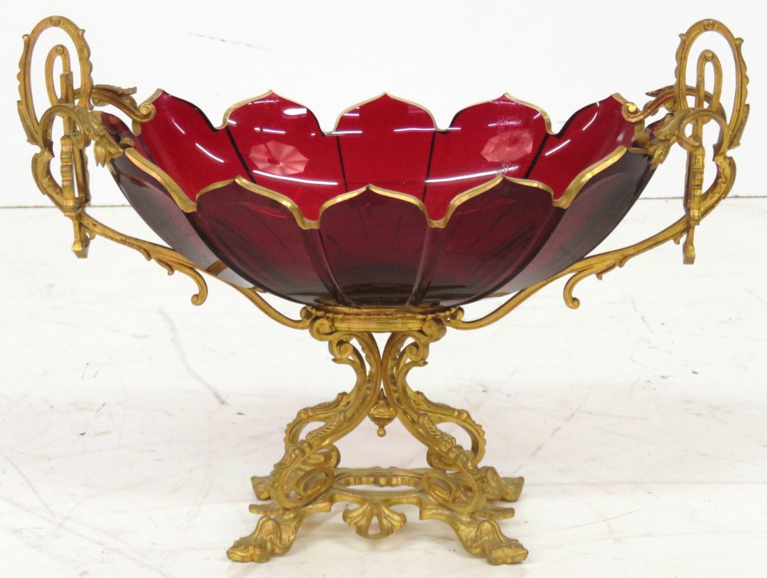 ANTIQUE GILT BRONZE & RED GLASS CONSOLE BOWL (1 of 4)