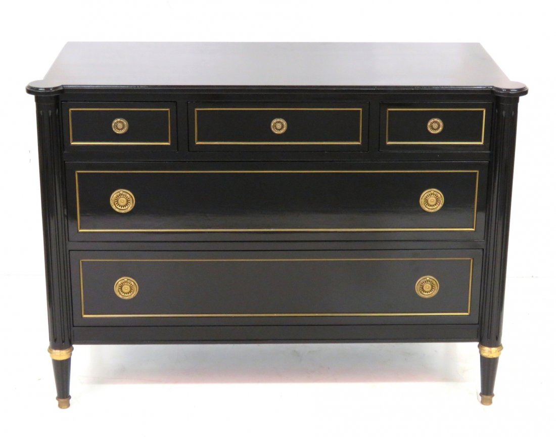LOUIS XVI STYLE EBONIZED COMMODE: Bronze mounts and mouldings. 34 1/2"h. x 48 1/4"w. x 21 1/4"d.