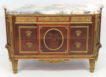 FRENCH PARQUETRY COMMODE IN THE MANNER OF RIESENER: Parquetry and inlay. Finely cast gilt bronze mounts. 38 1/2"h. x 63 1/4"w. x 24"d.