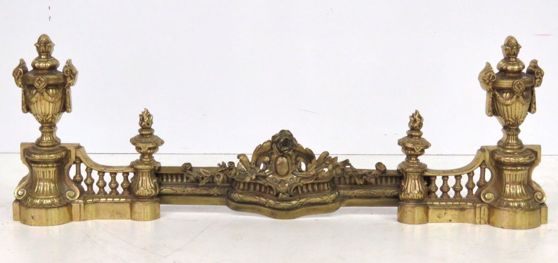 FRENCH STYLE BRONZE CHENET SET w/ FENDER: Adjustable width. 15 3/4"h. Extends to 49"w.