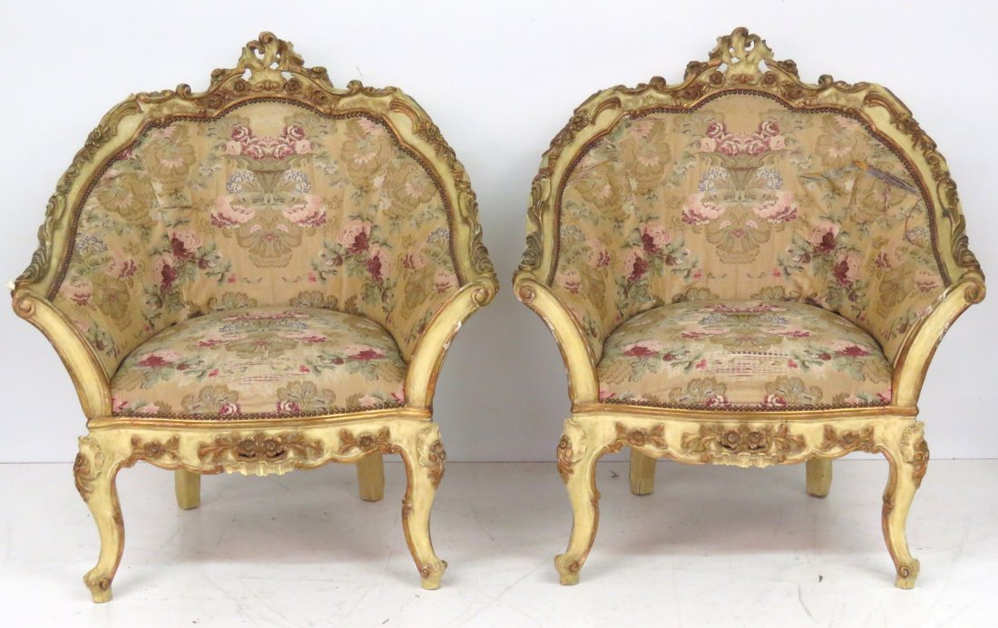 Pair ITALIAN CARVED & PAINTED BERGERES: Cream paint with gilt carvings. 39 1/2"h. x 36"w. x 30"d.