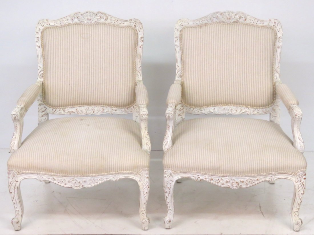 Pair CUSTOM FRENCH CARVED & PAINTED FAUTEUILS (1 of 5)