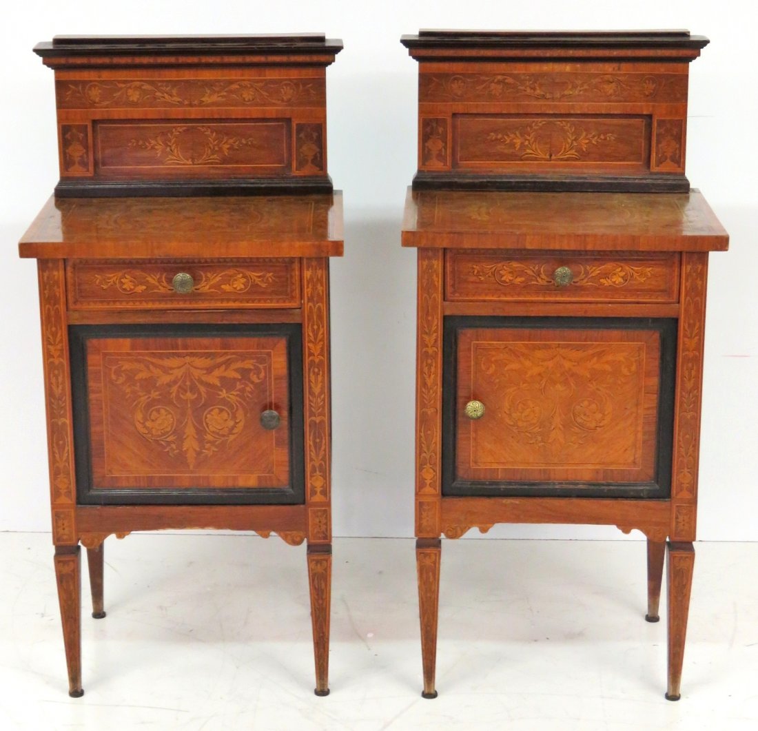Pair ITALIAN MARQUETRY INLAID NIGHTSTANDS: Walnut with marquetry inlay. 38 1/2"h. x 18 3/4"w. x 14 1/4"d.