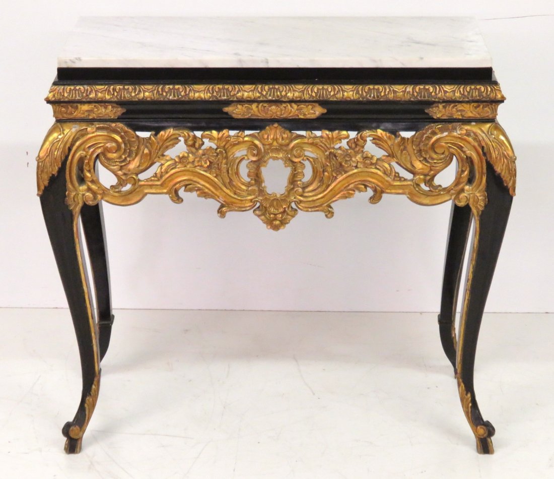 FRENCH STYLE EBONIZED & GILT CARVED MARBLETOP CONSOLE (1 of 6)