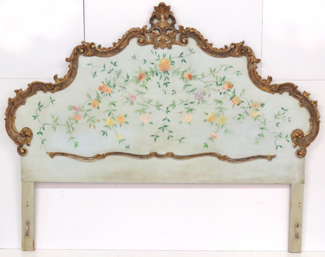 ITALIAN PAINT DECORATED & CARVED KING SIZE HEADBOARD (1 of 3)
