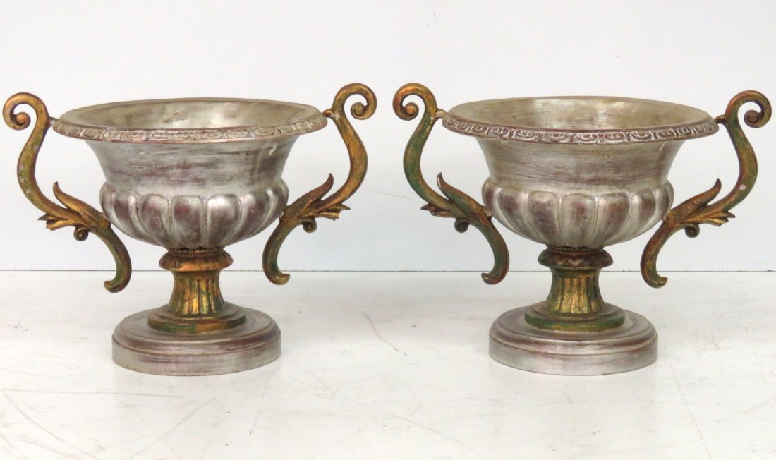Pair ITALIAN SILVER GILT FLOWER URN: Wood and fibreglass. Silver and gold gilt. 14 1/4"h. x 19 3/4"w. x 14 1/2"d.