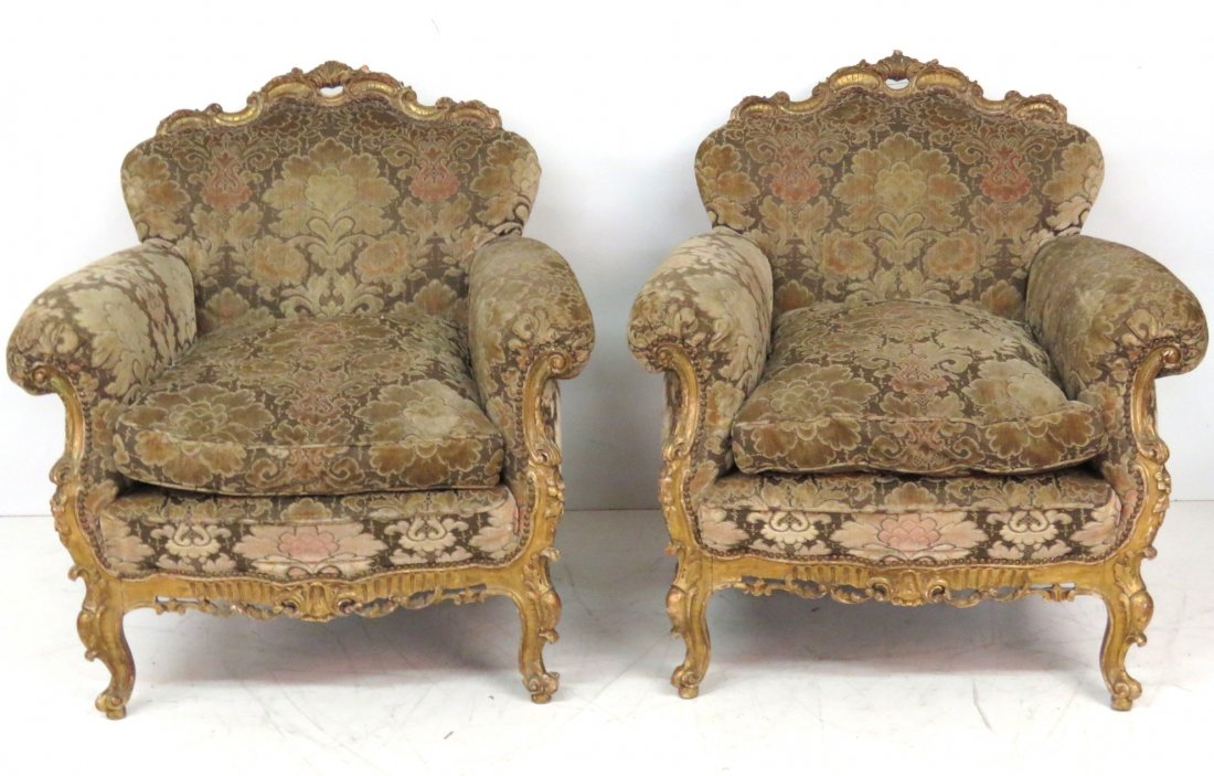 Pair ITALIAN GILT CARVED UPHOLSTERED BERGERES: Gilt carved frames. 33 1/2". x 33 1/2"w. x 33 1/2"d.