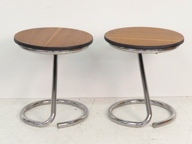 Pair ROUND ROSEWOOD & CHROME SIDE TABLES (1 of 3)