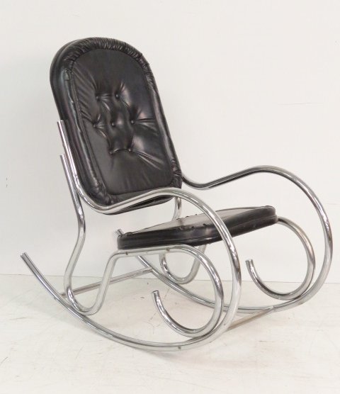 MODERN TUFTED LEATHER & CHROME SCROLLED ROCKER: Chrome tube frame. 41 1/4"h. x 22 1/2"w. x 45"d.