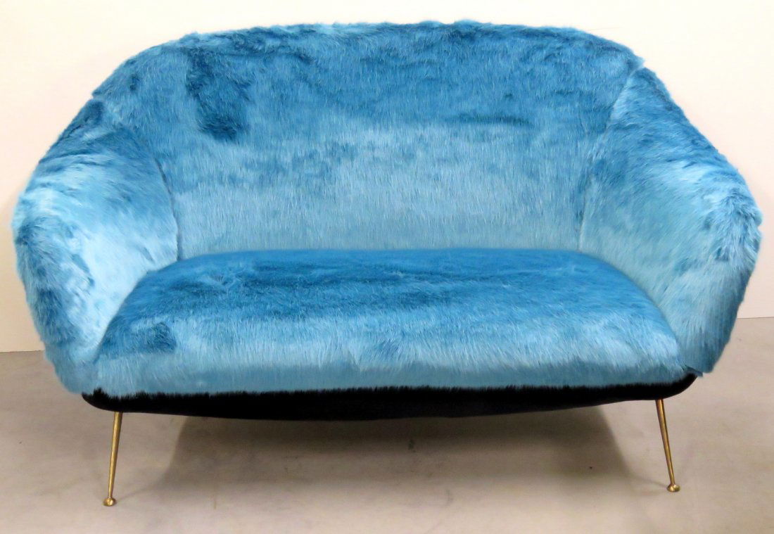 ITALIAN MODERN BRASS LEG FURRY BLUE SOFA (1 of 1)