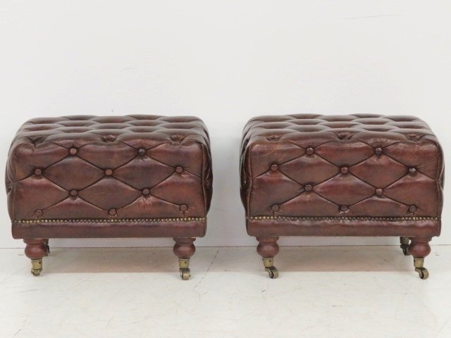 Pair CHESTERFIELD STYLE DISTRESSED LEATHER FOOTSTOOLS (1 of 1)