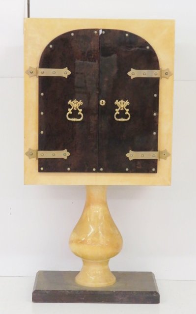 ALDO TURA LACQUERED GOATSKIN CABINET: Two tones lacquered goat hyde. Brass hardware. 62"h. x 31 1/2"w. x 15 1/4"d.