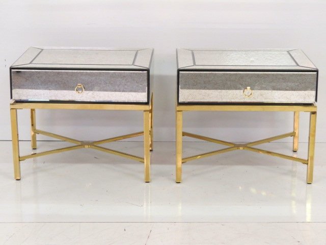 Pair REGENCY STYLE MIRRORED & BRASS END TABLES (1 of 5)