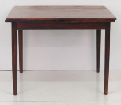 DANISH MODERN ROSEWOOD DINING TABLE after ARNE VODDER: Banded top. Rosewood with drawer leaves. 29"h. x 39"sq. Two 18" dropleaves.