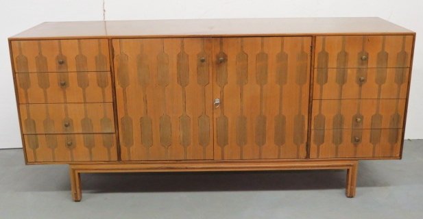 ROM WEBER MODERN SIDEBOARD: Stained and stenciled front. Drawers and doors. 32"h. x 70 3/4"w. x 20 1/4"d.