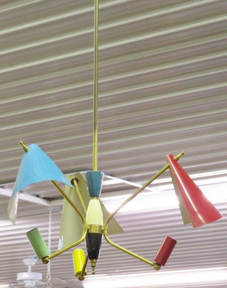 ITALIAN MODERN ARTELUCCI STYLE CHANDELIER: Colored shades and light fixtures. 37"h. x 18"diam.