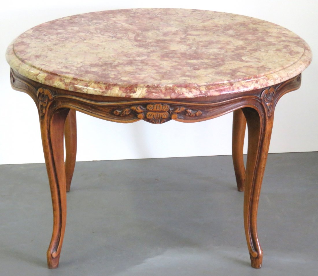 FRENCH CARVED WALNUT ROUND MARBLETOP COFFEE TABLE (1 of 3)