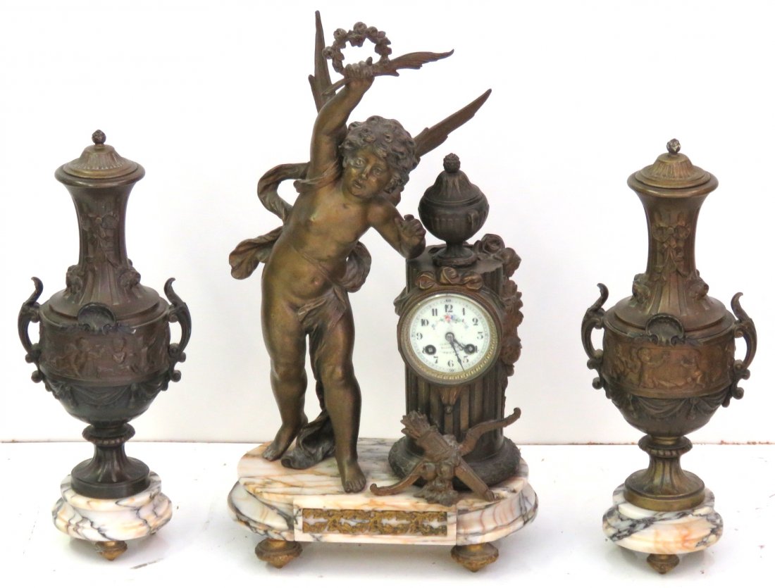 ANTIQUE FRENCH 3 pc. FIGURAL CHERUB CLOCK SET (1 of 8)