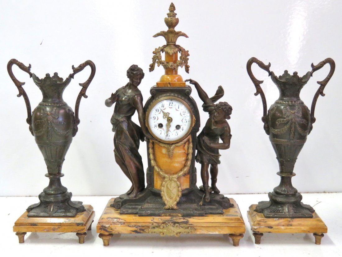 ANTIQUE 3 PC. FRENCH FIGURAL CLOCK SET (1 of 10)