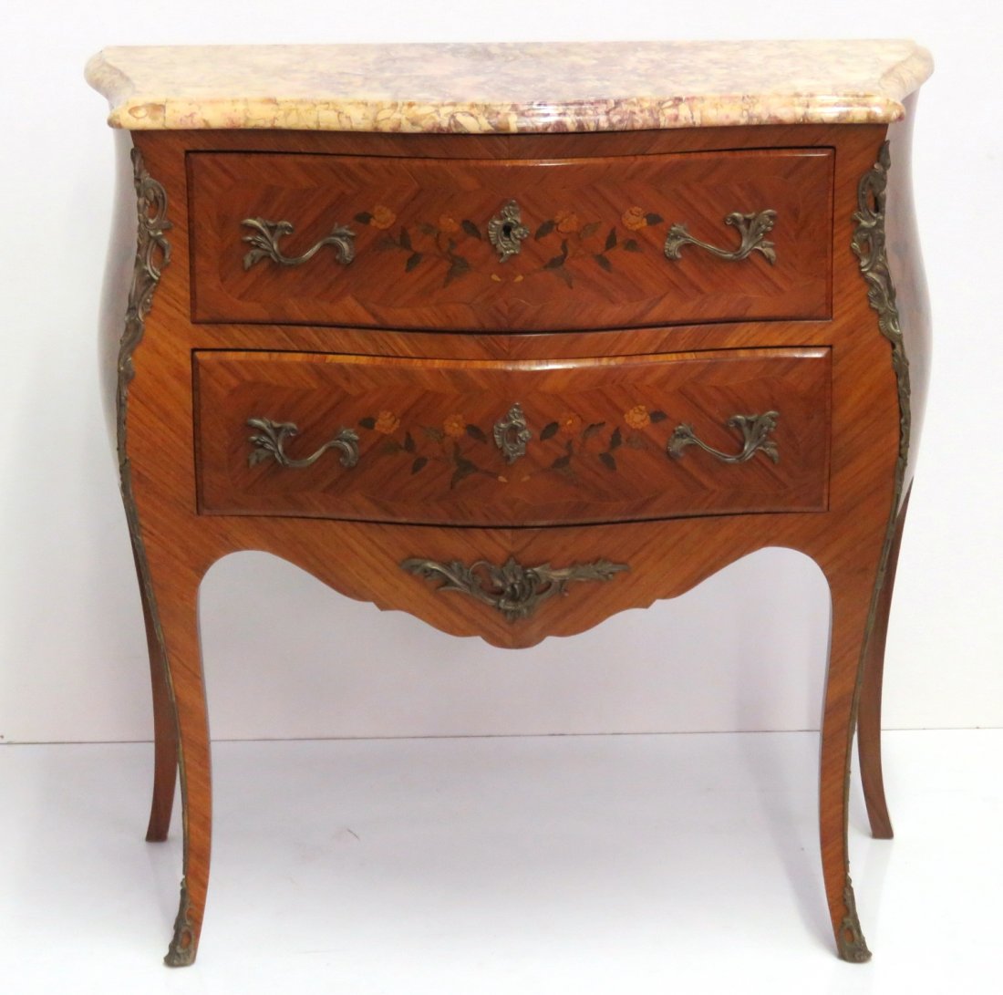 R. BACCHIN INLAID FRENCH MARBLE TOP COMMODE: Signed R. Bacchin. Rosewood inlay. 33''h. x 32 3/4''w. x 15 1/4''d.