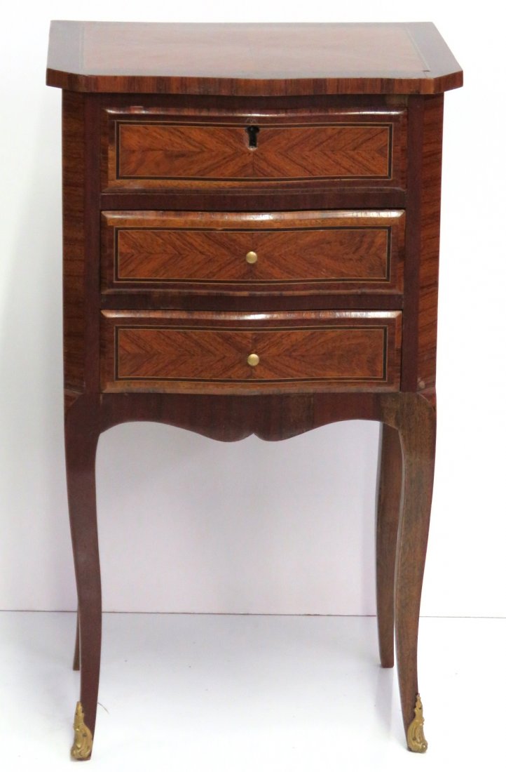 ANTIQUE FRENCH INLAID NIGHTSTAND: Rosewood with inlay. 28 1/2''h. x 16''w. x 12 1/4''d.