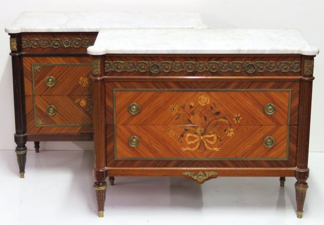 PAIR FRENCH BRONZE MOUNTED INLAID MARBLETOP COMMODES (1 of 7)