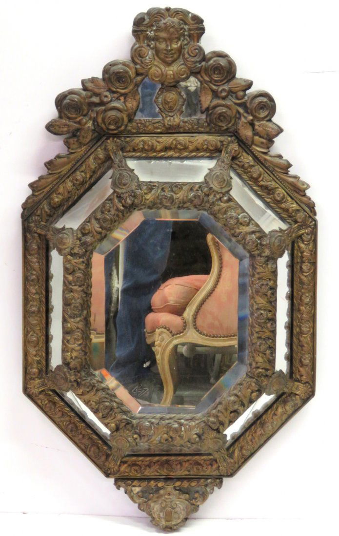 ANTIQUE DUTCH PRESSED BRASS WALL MIRROR (1 of 4)