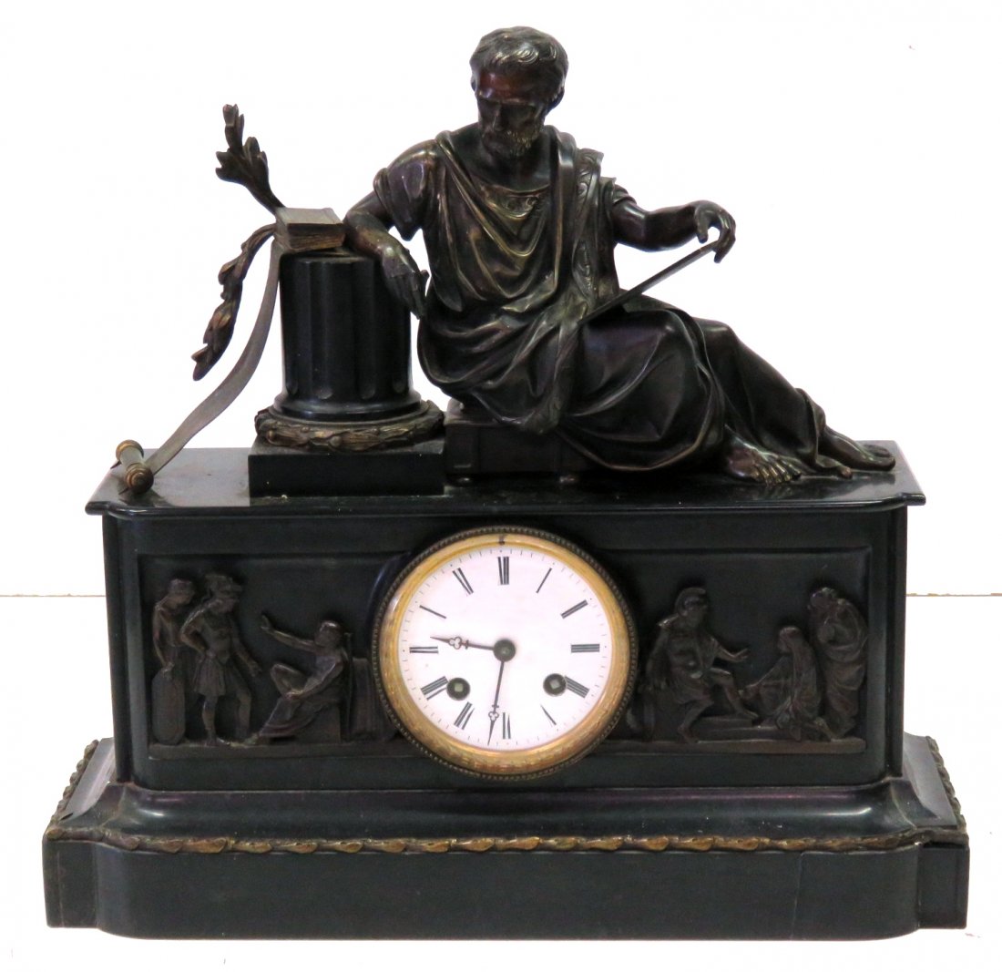 FRENCH BLACK MARBLE CLOCK w/ BRONZE FIGURE (1 of 7)