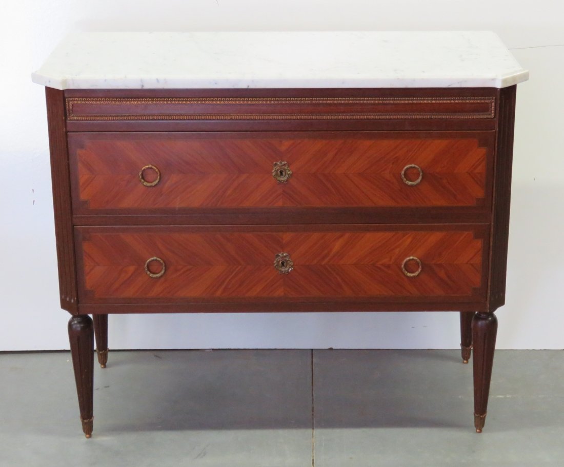 LOUIS XVI STYLE MARBLE TOP COMMODE: Bronze mouldings. 33''h. x 40''w. x 18 1/2''d.