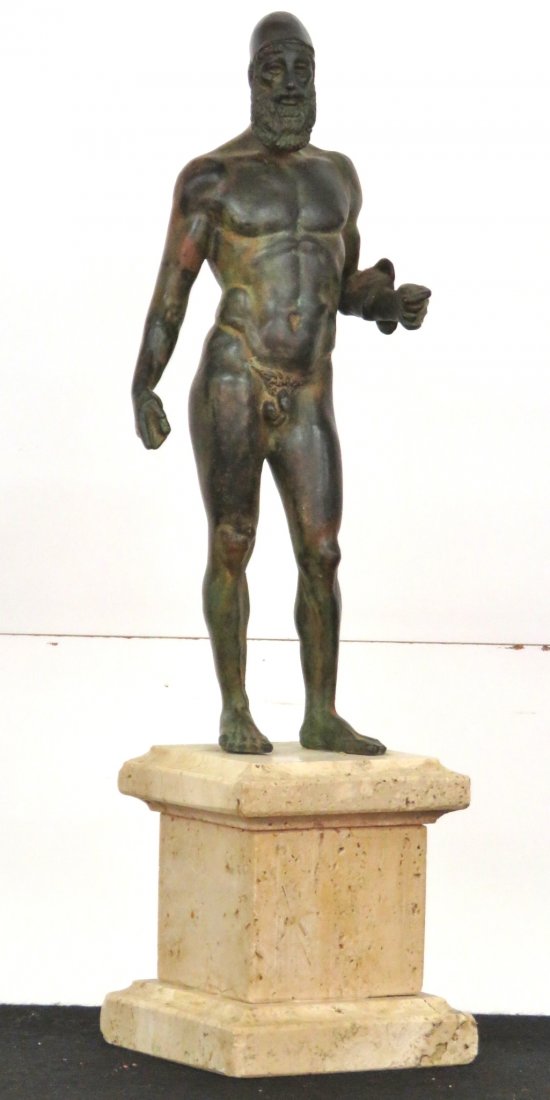 BRONZE MODEL OF A RIACE WARRIOR: Verdigris patina. 13 1/3" bronze on a 5 1/2" travertine marble base.