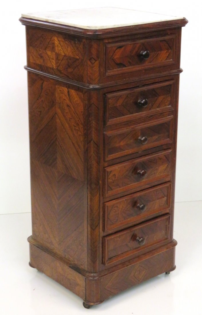 ANTIQUE FRENCH ROSEWOOD MARBLETOP NIGHTSTAND: Rosewood with 6 drawers. 37 1/4"h. x 16 3/4"w. x 16"d.