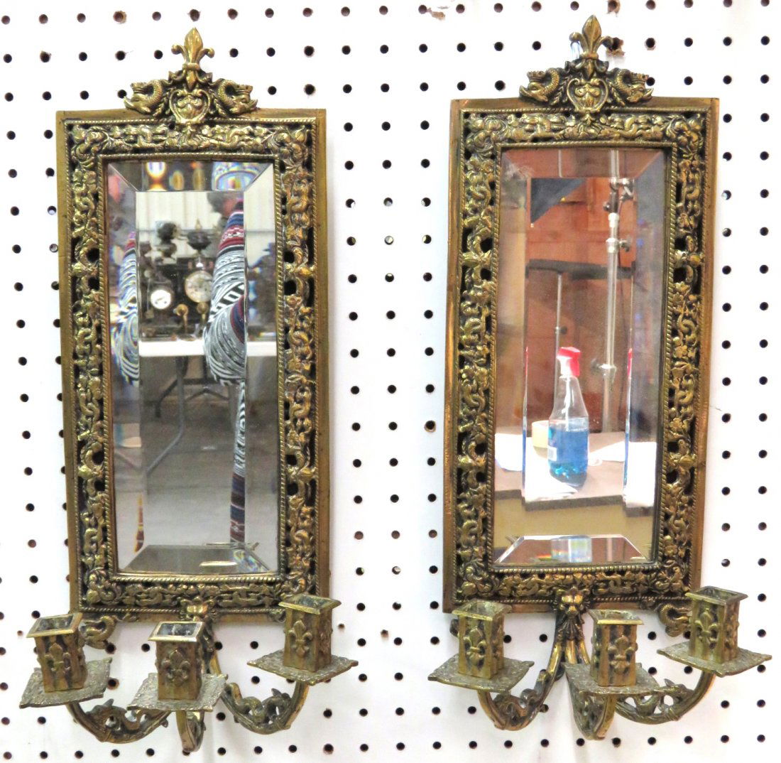 Pair ANTIQUE MIRRORED BRONZE SCONCES (1 of 3)