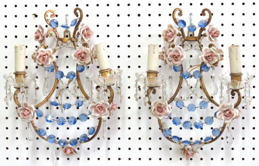 Pair ITALIAN GILT IRON SCONCES w/ PORCELAIN FLOWERS (1 of 3)
