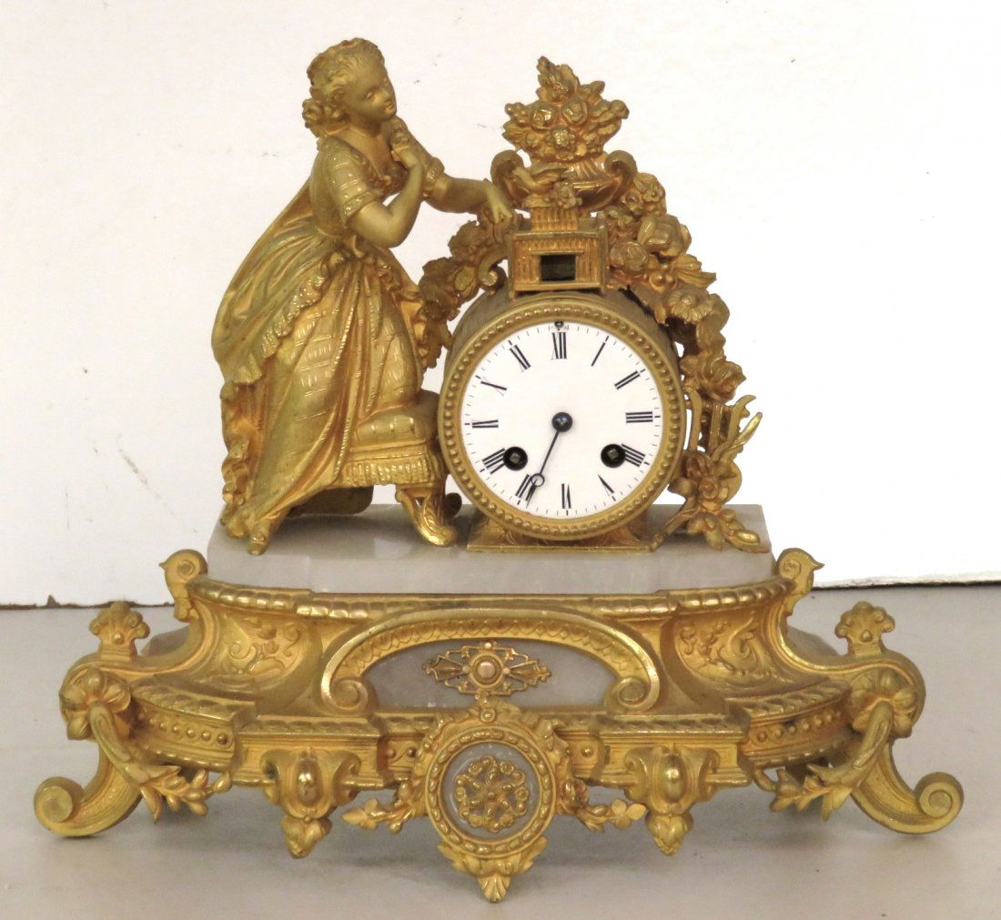 ANTIQUE FRENCH FIGURAL GILT SHELF CLOCK (1 of 5)