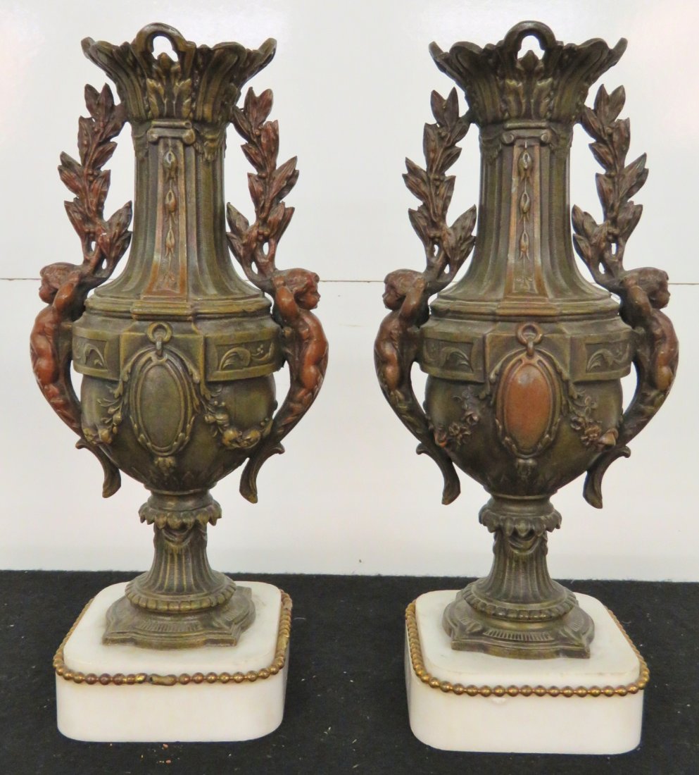Pair FRENCH SPELTER & MARBLE CLOCK GARNITURE (1 of 6)