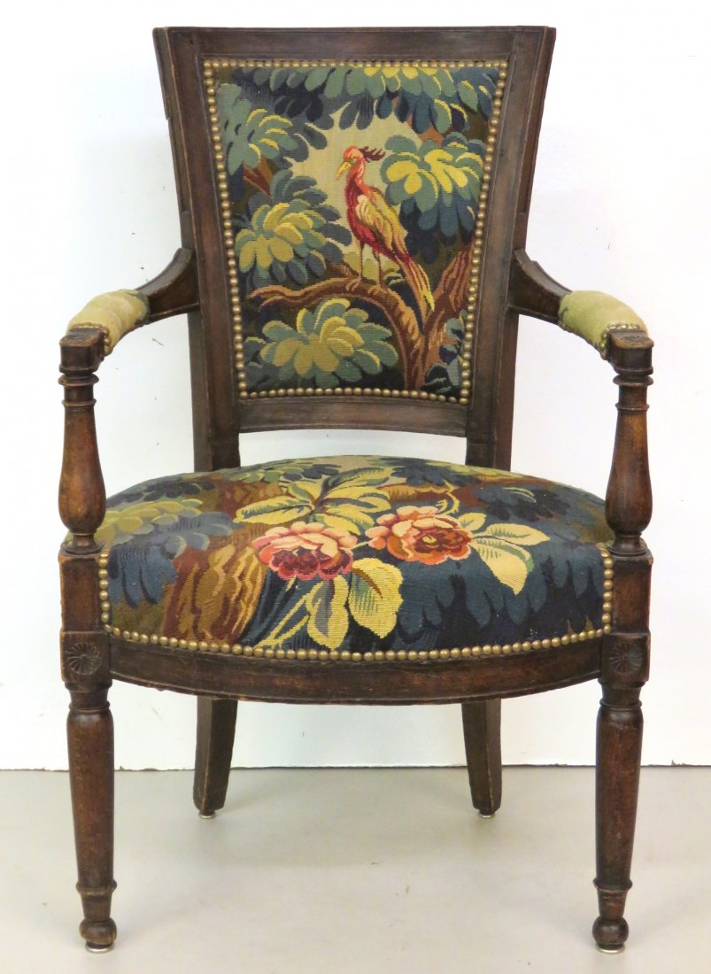 18th CENTURY LOUIS XVI PEGGED FRAME AUBUSSON FAUTEUIL: Pegged construction. 35''h x 22 1/2''w x 22''d.