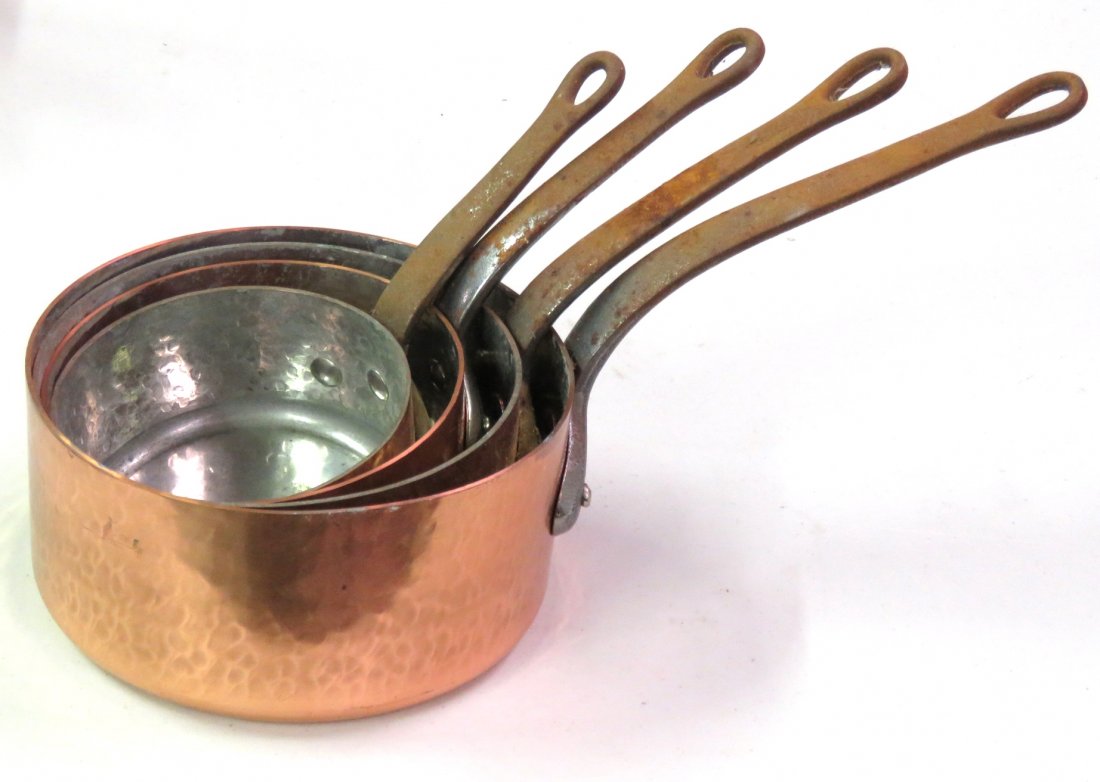 4 FRENCH TIN LINED HAMMERED COPPER POTS (1 of 4)