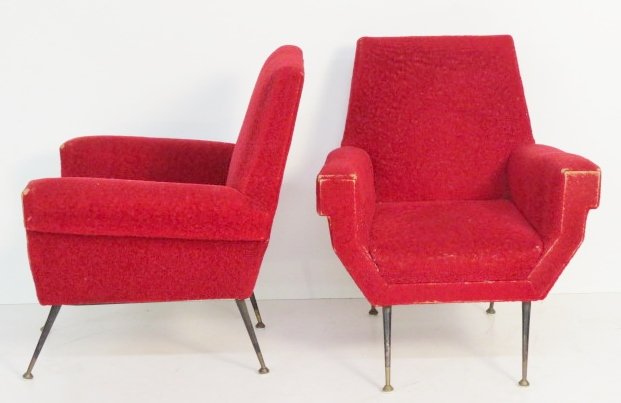 Pair GIO PONTI STYLE RED UPHOLSTERED LOUNGE CHAIRS (1 of 4)