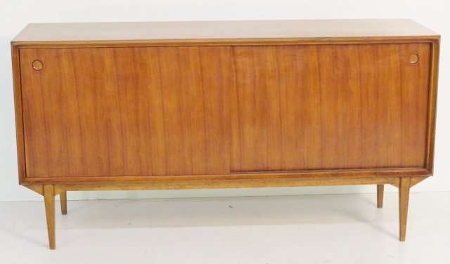 ARNE VODDER STYLE TEAK SLIDING 2-DOOR CONSOLE: 2 sliding doors. 31"h. x 59"w. x 18"d.