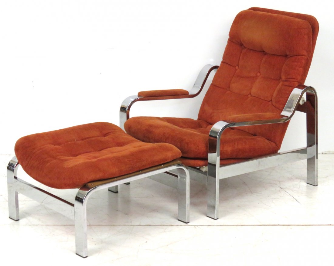 SELIG MODERN CHROME RECLINING LOUNGE CHAIR & OTTOMAN (1 of 7)