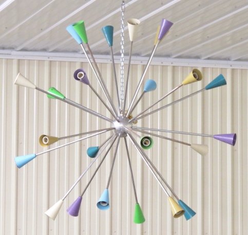 STILNOVO STYLE MULTI-COLORED CONE SPUTNIK CHANDELIER: Purple, cream, green, and turquoise cone shades. 60"diam.